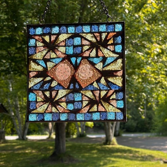 Genuine Stained Glass Mosaic Kissing Fish Suncatcher  8" Sq, NEW in Box Vintage - Picture 2 of 9